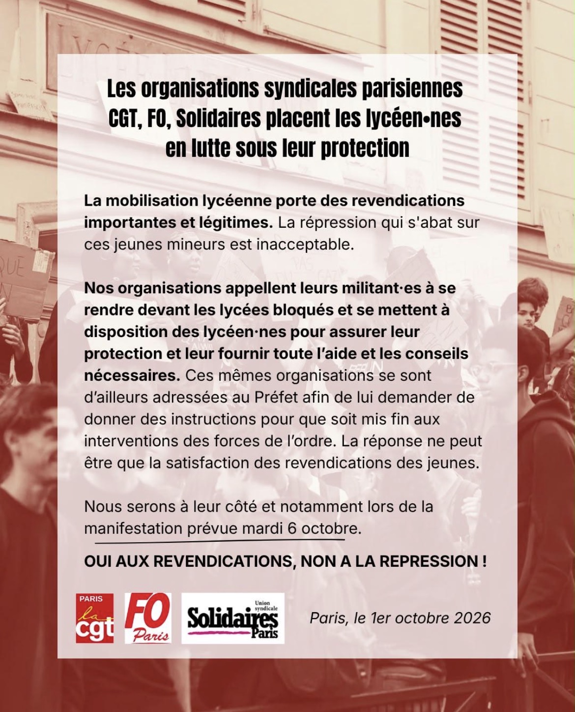 Communiqué des organisations syndicales parisiennes CGT, FO et Solidaires du 1er octobre 2026 plaçant les lycéen·nes en lutte sous leur protection